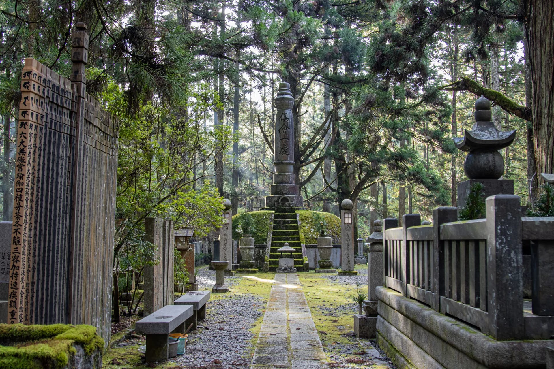Stone lanterns and cedars in Okunoin cemetery at Koyasan