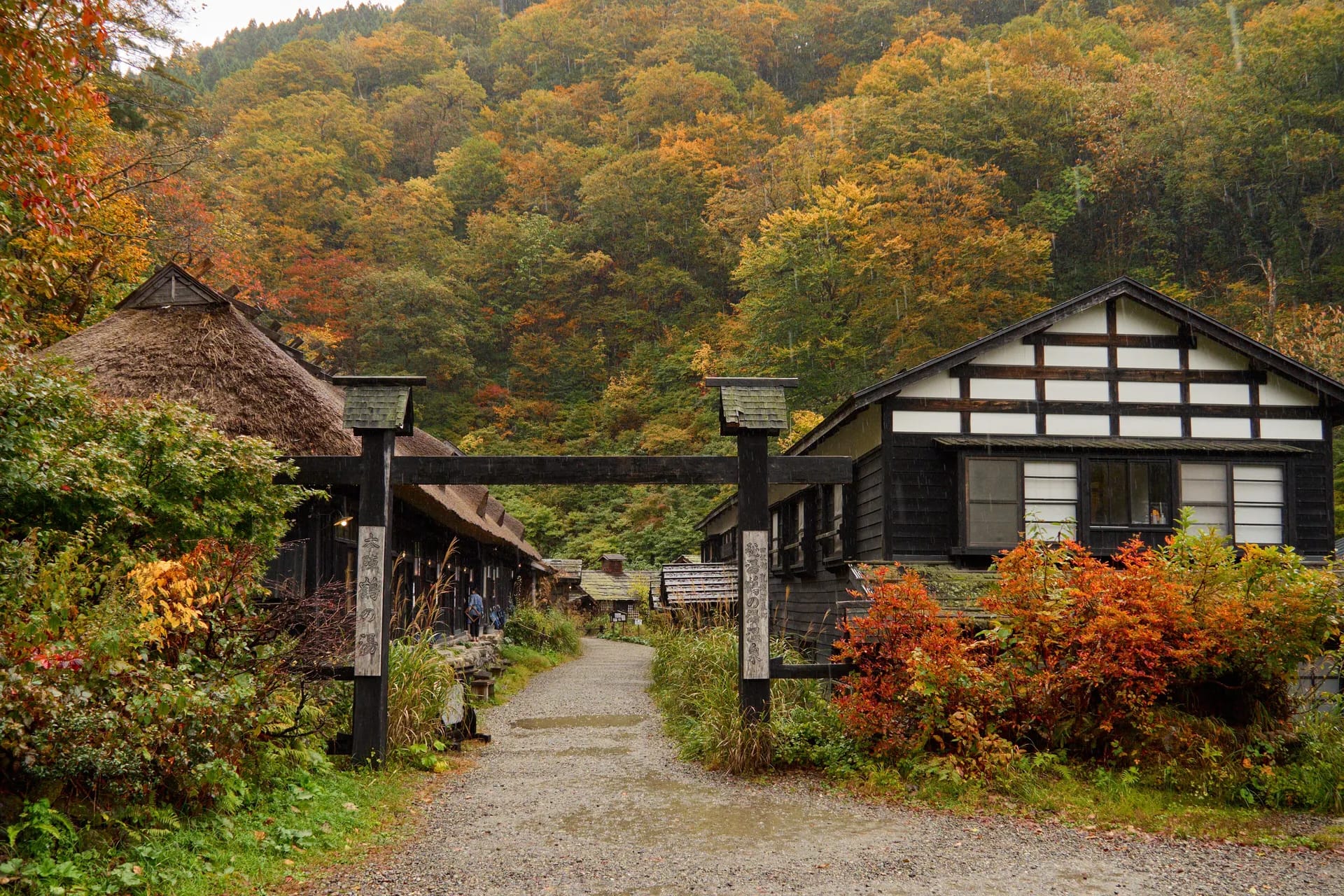 Thatched-roof ryokan in the autumn forest