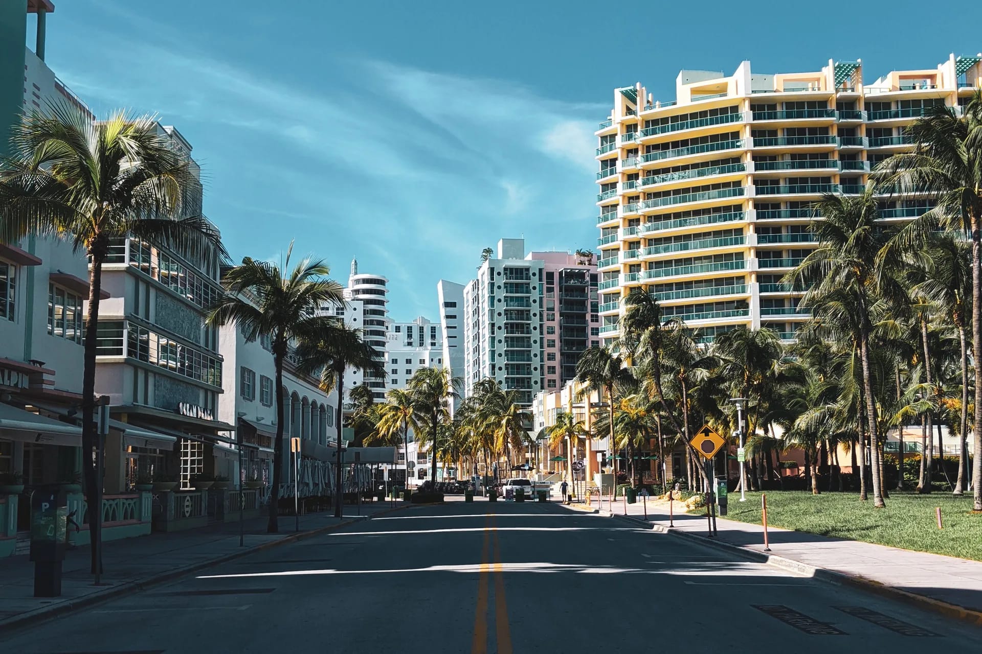 Palm-lined street with Art Deco buildings and high-rises in Miami Beach