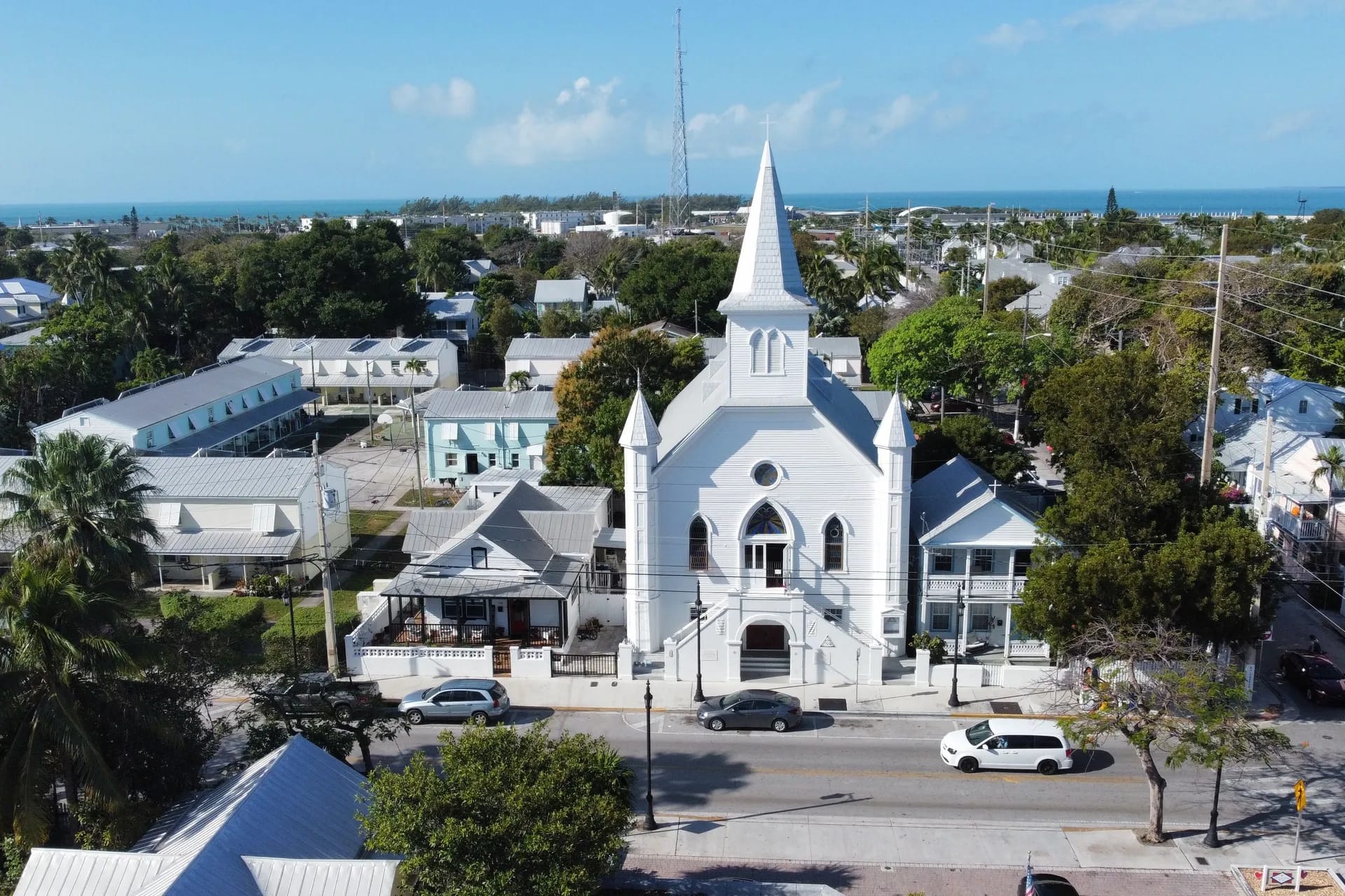 Aerial view of Key West Old Town with a white church