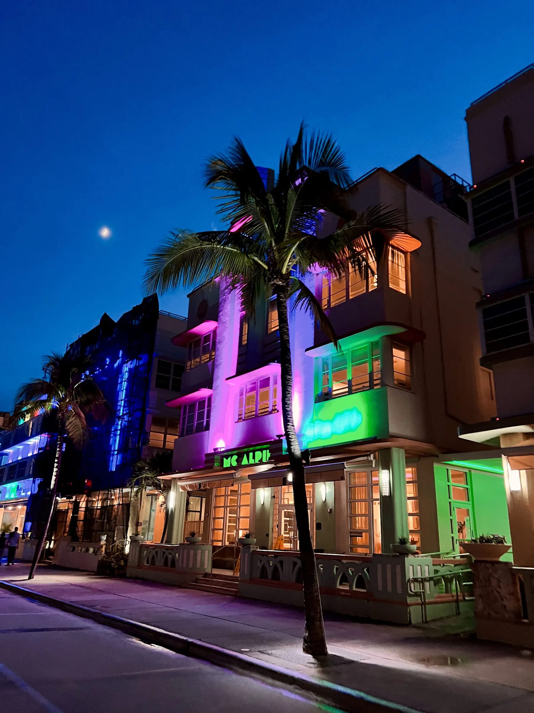 Fachadas de edificios iluminadas de noche con una palmera en Miami Beach