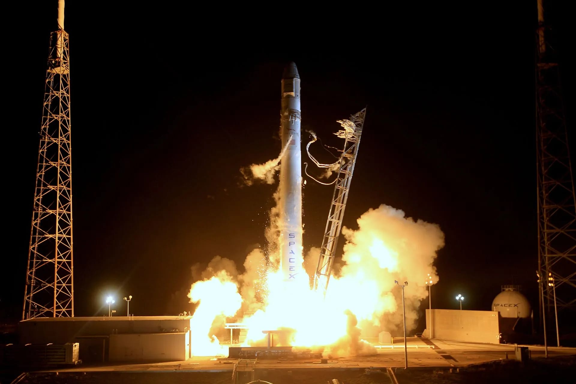 Rocket launch at night from the pad