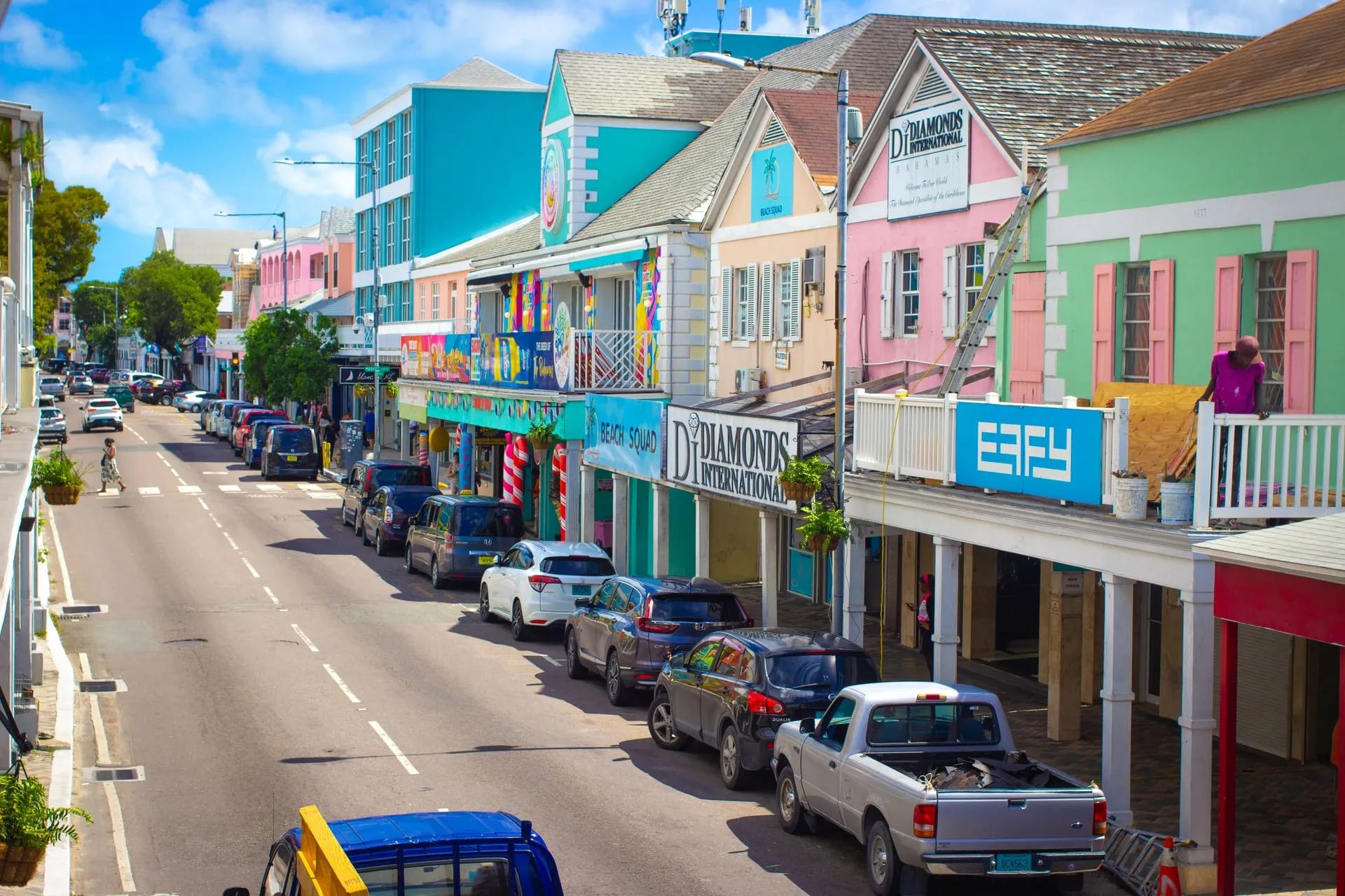Street with colourful colonial houses in the Bahamas