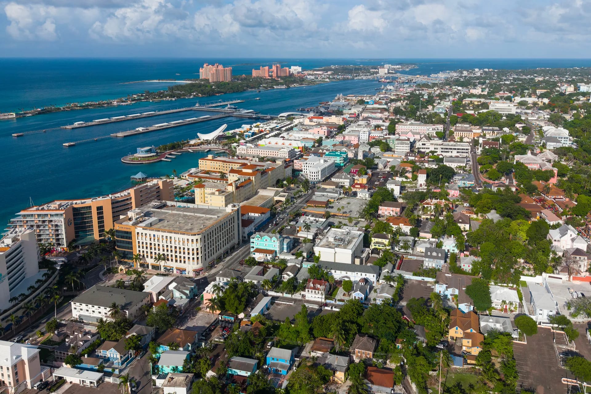 Aerial view of Nassau with harbour and cruise ships