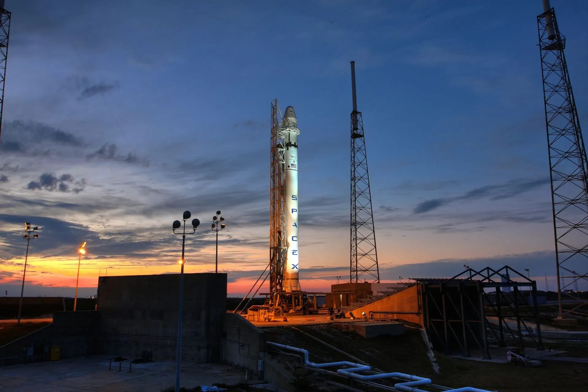 Rocket on the launch pad at dusk