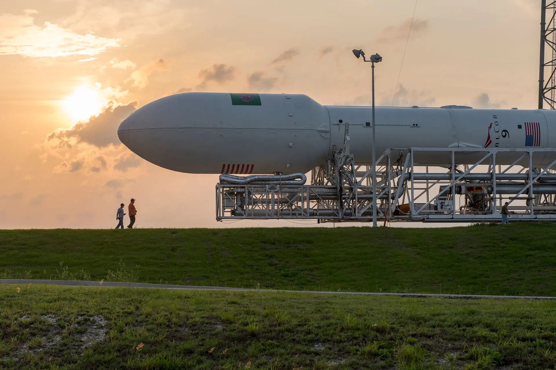 Rocket on a transporter at sunset