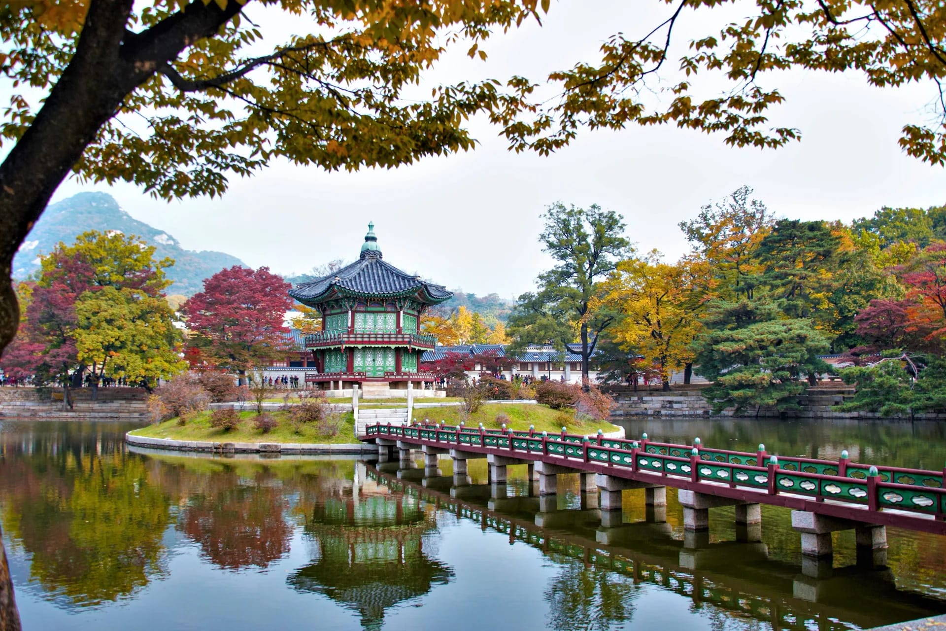 Hyangwonjeong Pavilion at Gyeongbokgung Palace in autumn foliage