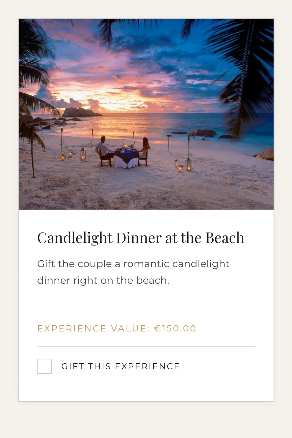 Card from a MIRA KODA registry: candlelight dinner on the beach with its amount
