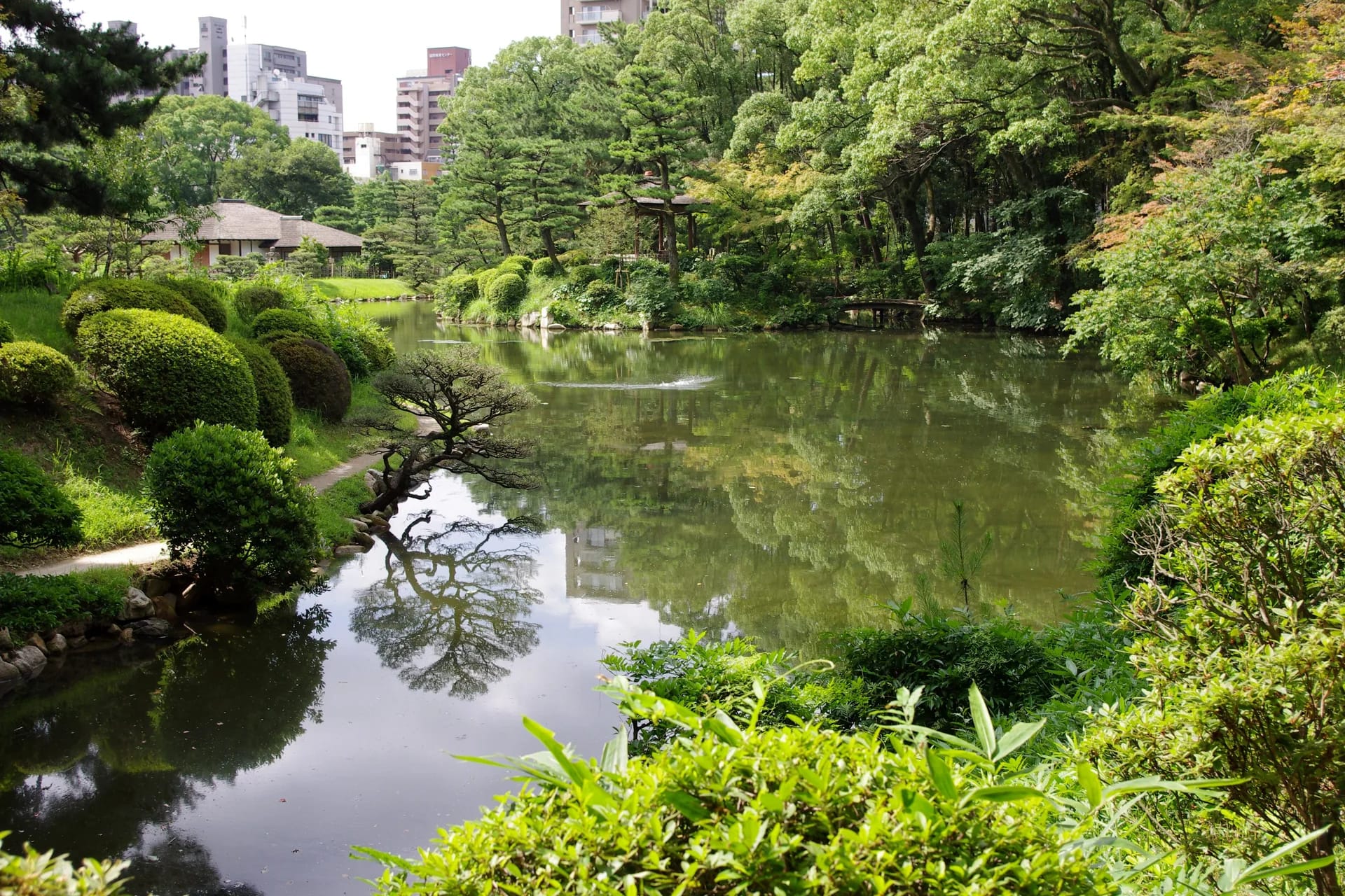 The Shukkeien garden in Hiroshima with pond and trees