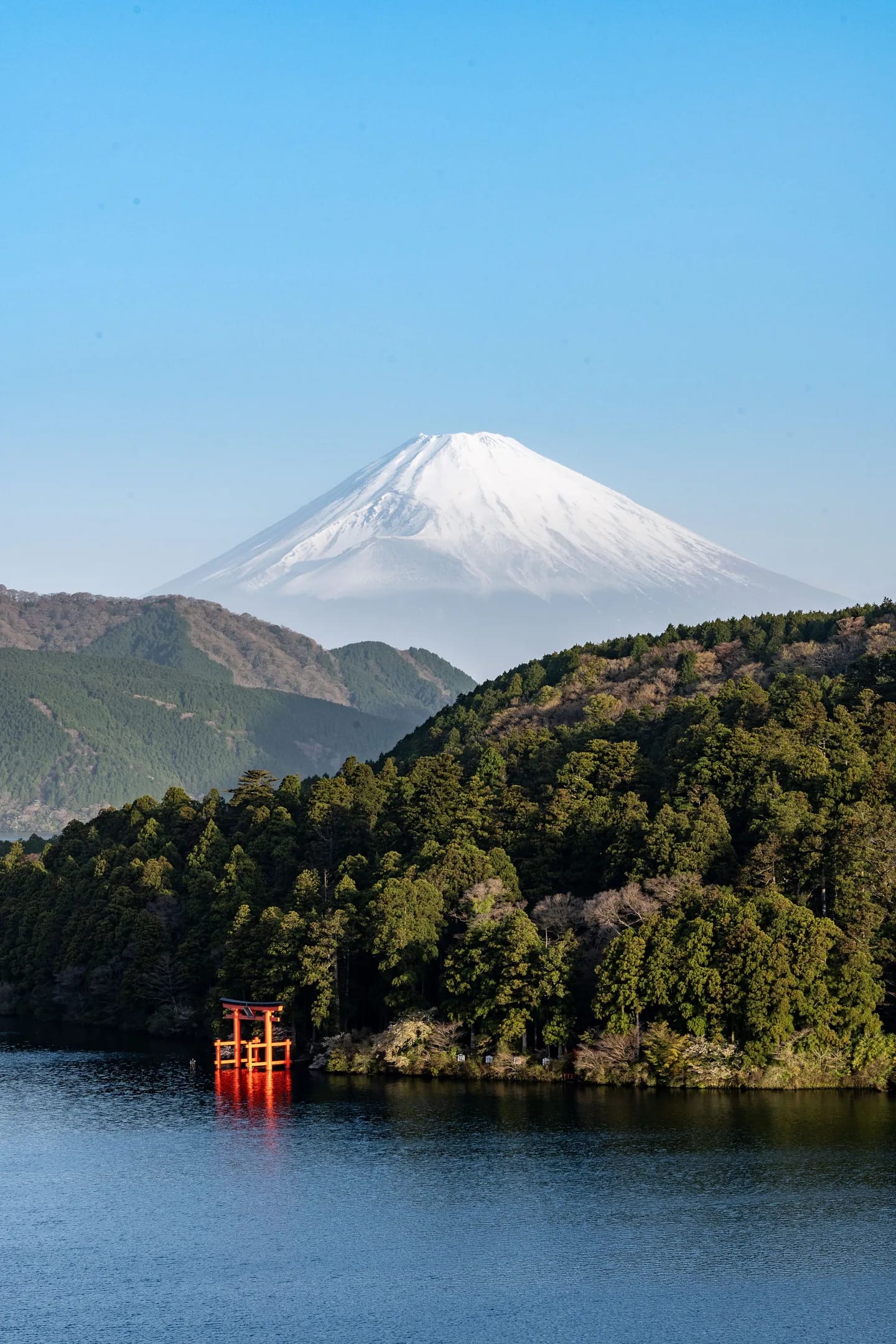 Mount Fuji above Lake Ashi with a red torii