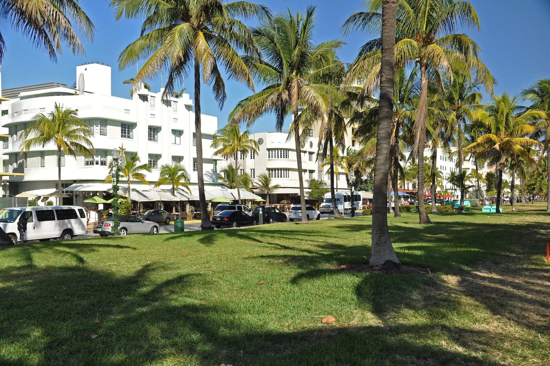 Palms and Art Deco facades at Lummus Park in South Beach
