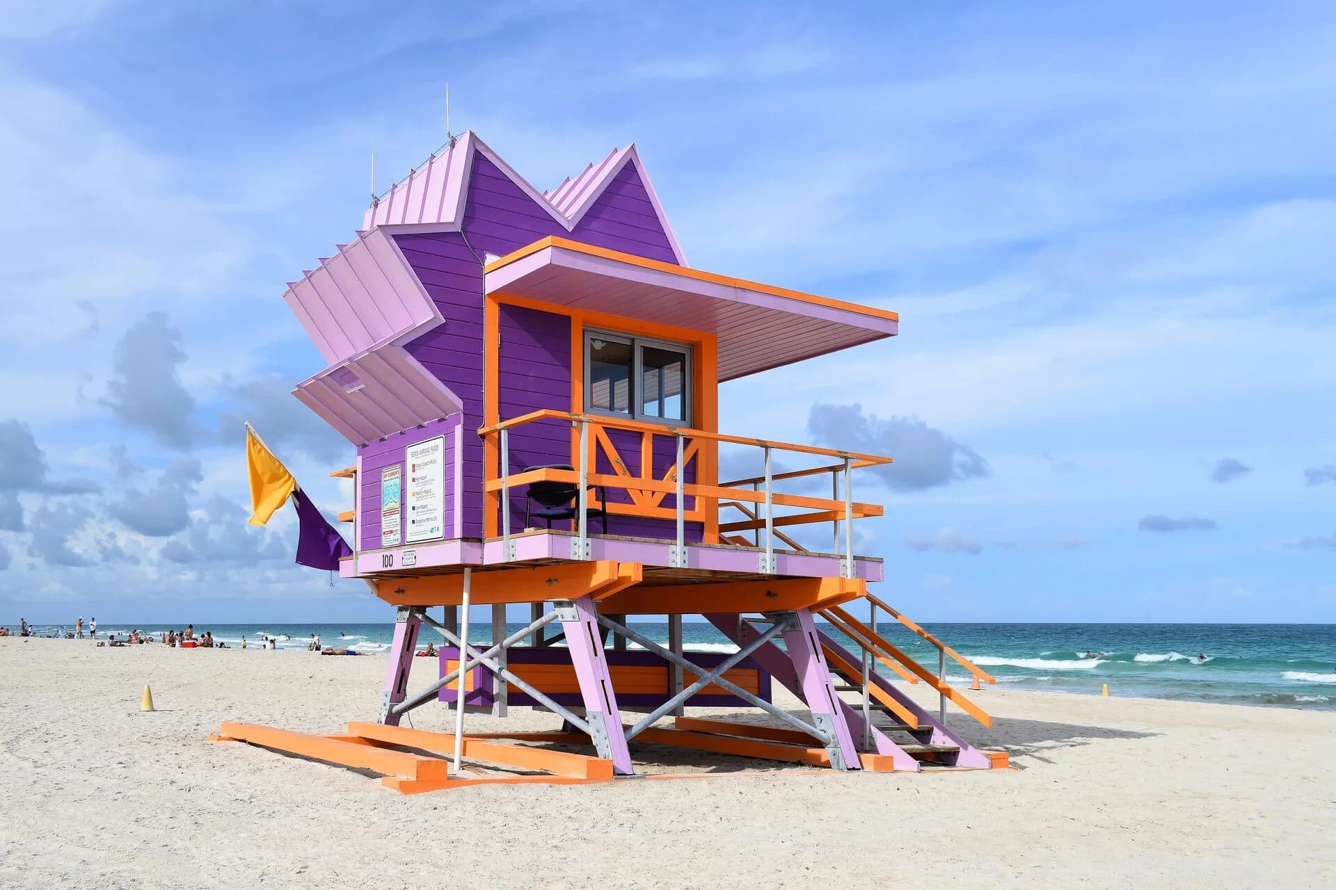 Purple lifeguard tower on the beach in Miami Beach