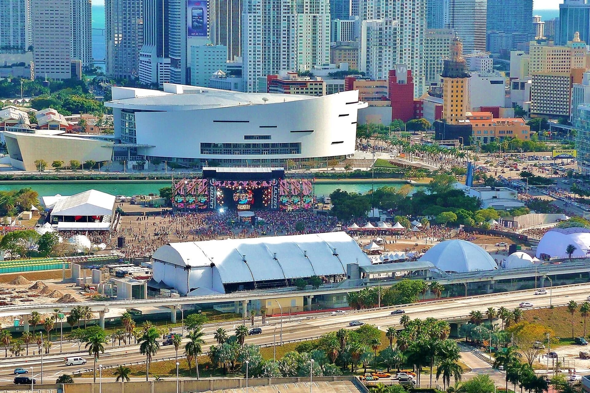 The festival grounds in Bayfront Park against the Downtown Miami skyline