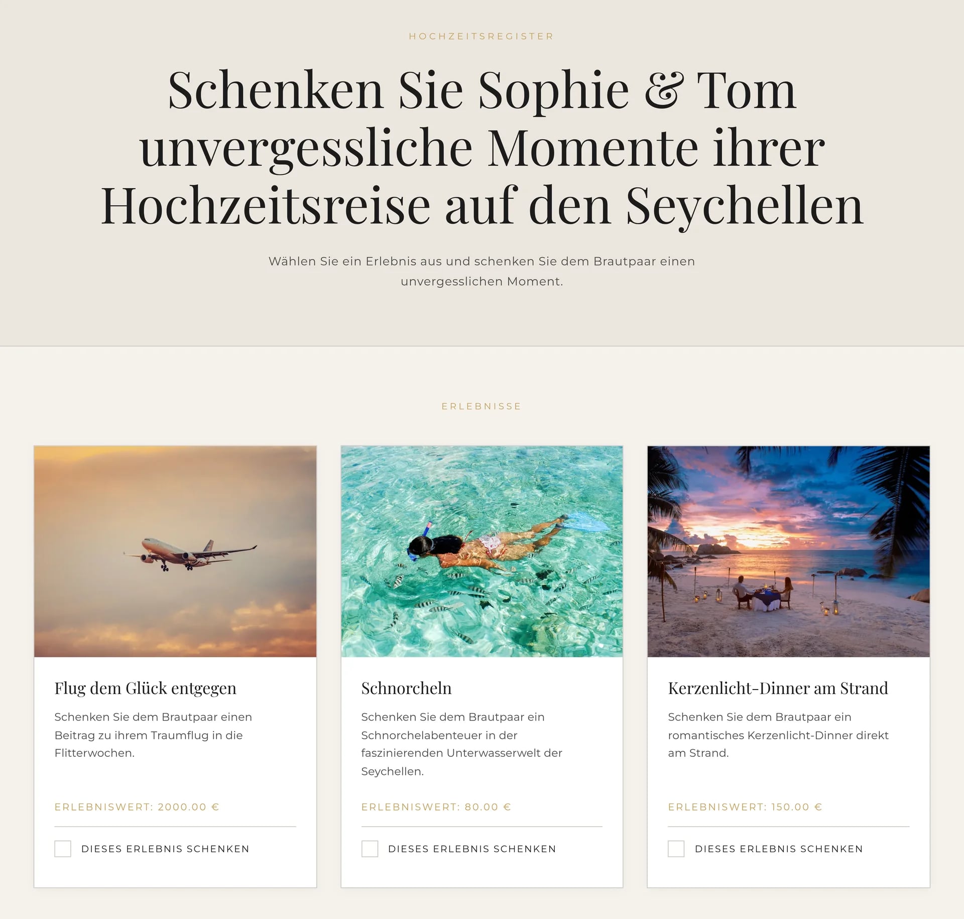 Ausschnitt einer MIRA KODA Geschenkeliste mit drei Erlebnissen und ihren Beträgen