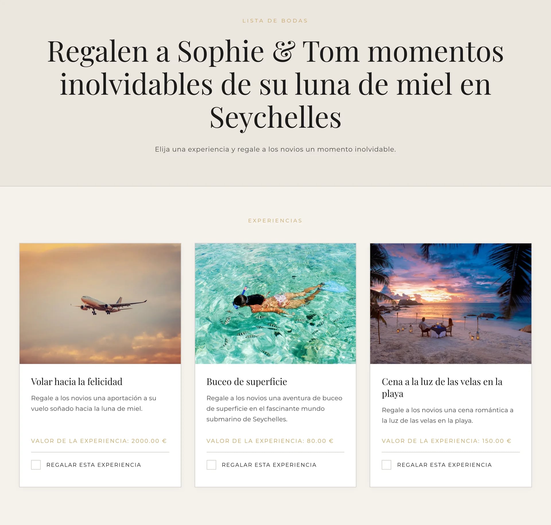Fragmento de una lista de regalos MIRA KODA con tres experiencias y sus importes